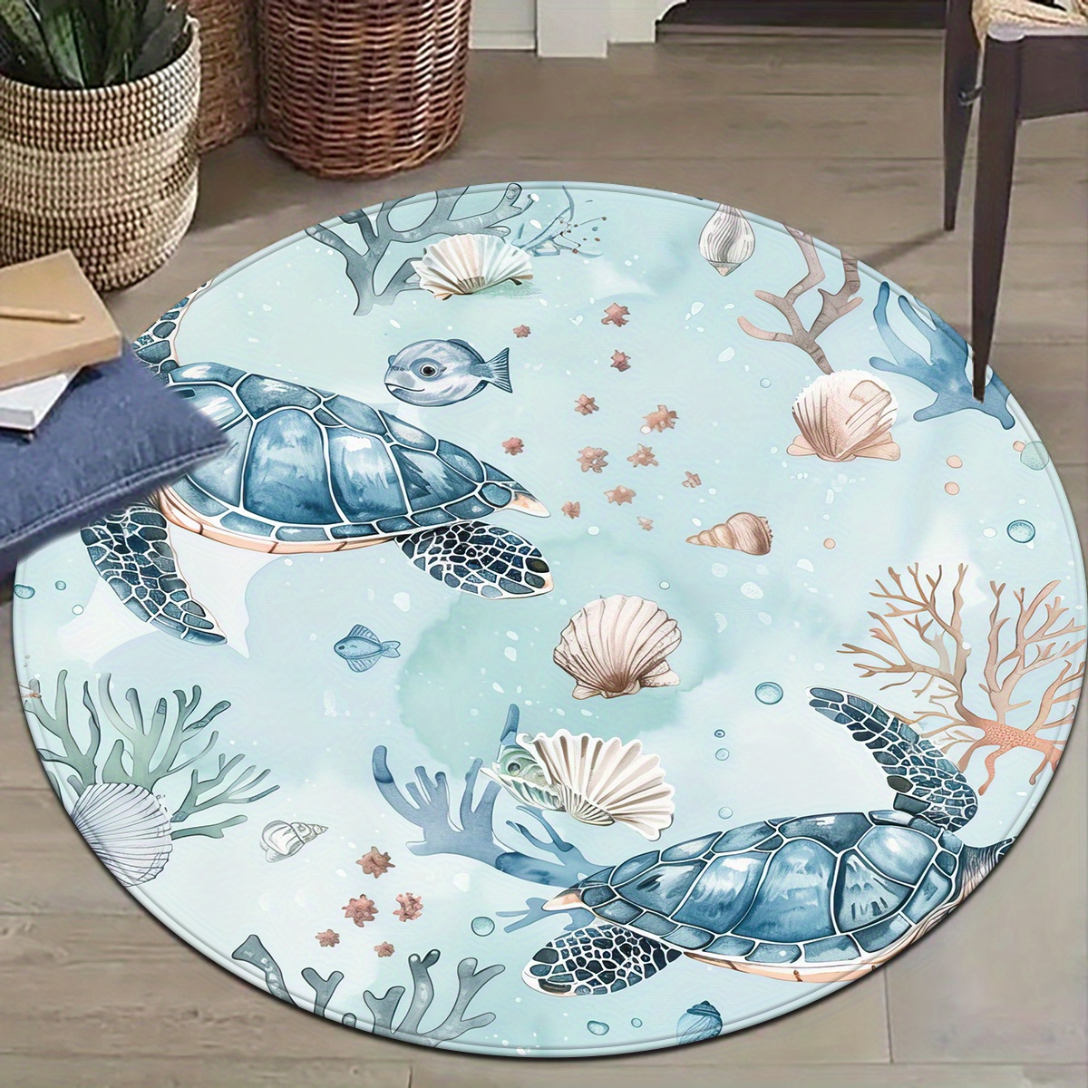 TEMU 1pc Round Rug, Turtle Coral Shell Pattern, Polyester 100%, Hand Wash Only, For Bedroom, Living Room, Indoor Decoration