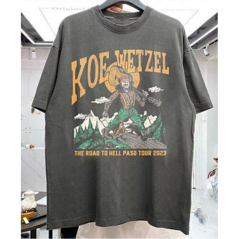 Koe Wetzel 2023 Concert Graphic Tee - 100% Cotton, Black, Sizes S-4XL, Casual Round Neck T-Shirt with "The Road to Hell is Paved Tour" Design, Machine Washable, Men's Vintage Band Shirt, Rock Band T Shirts