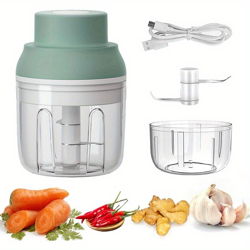 rechargeable garlic chopper with 8.45oz/3.38oz bowl & 2 stainless steel blades - heavy-duty powerful food processor for ginger, onion, chili, garlic herbs, nuts,   foods - waterproof bpa-free,   operation,   with ergonomic handle & safety lock, usb-powered for kitchen & small kitchens, cherry-pit safe, easy- , ideal for  , garlic slicer automatic, mini garlic chopper, garlic double blade slider, garlic   plate, Product details 0