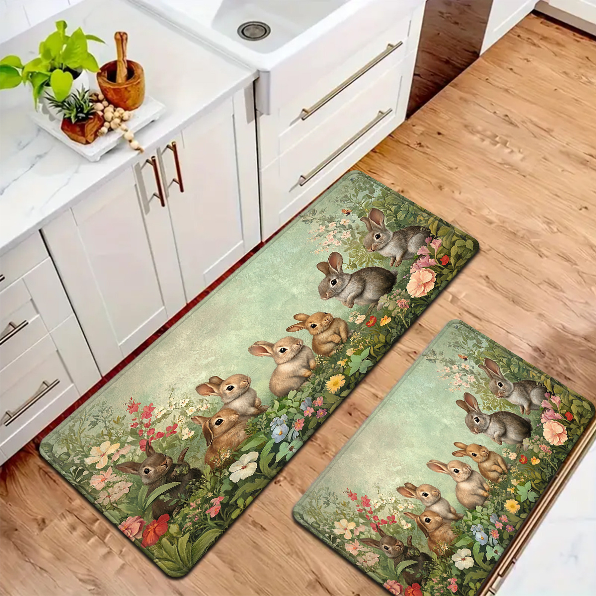 

1pc Easter Bunny Long Runner Mat, Flannel Knit Fabric With Fade Resistant Polyester Backing, 580gsm, Rectangle Bath Rug For Kitchen, Bathroom, Laundry Room Decor