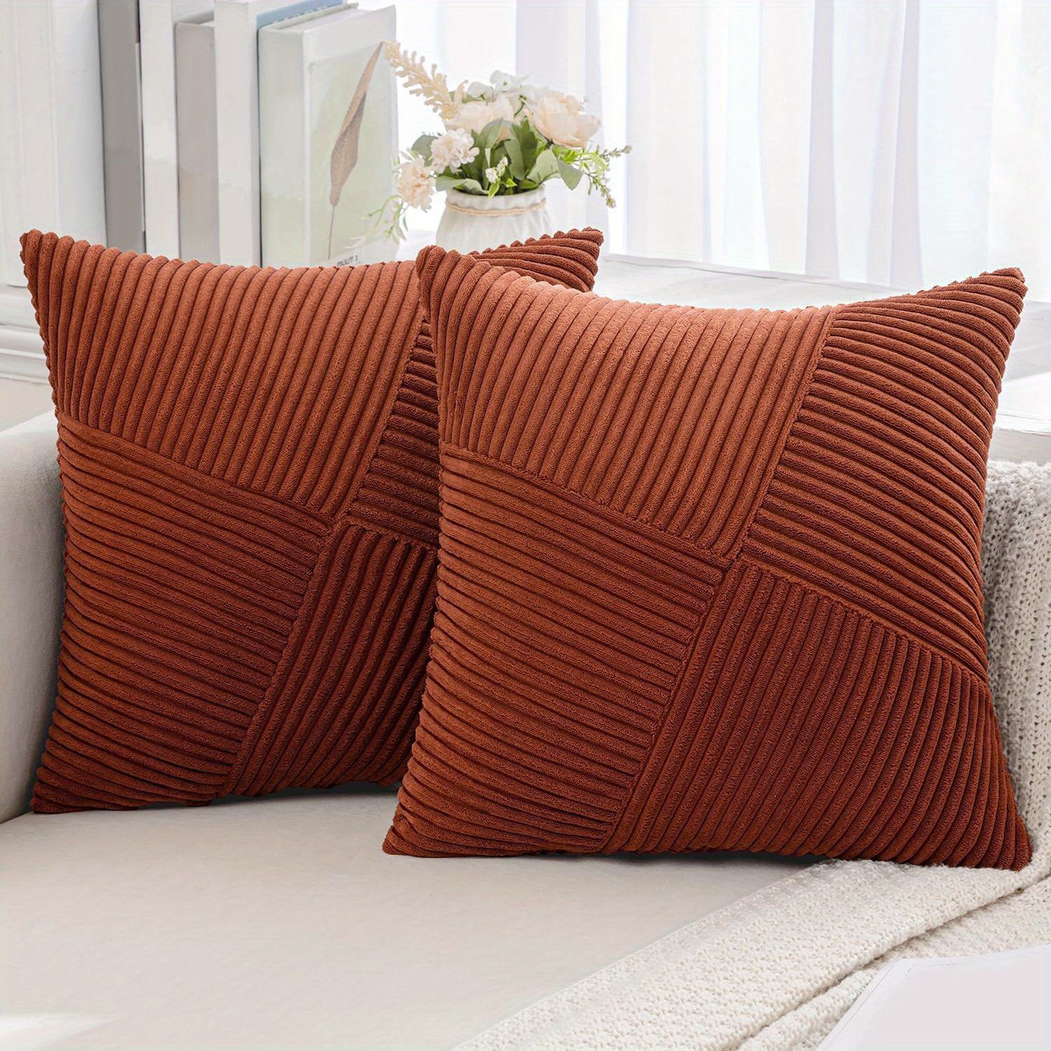 TEMU Lot de 2 housses de coussin diagonales en velours - Housses de coussin douces texturées à pièces marron chaud pour canapé, chambre, décoration