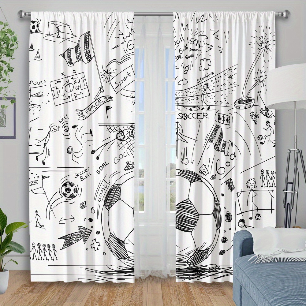 TEMU Lot de 2 rideaux occultants à thème football pour chambre, design moderne en polyester avec imprimé ballon, lavables en machine, isolant et