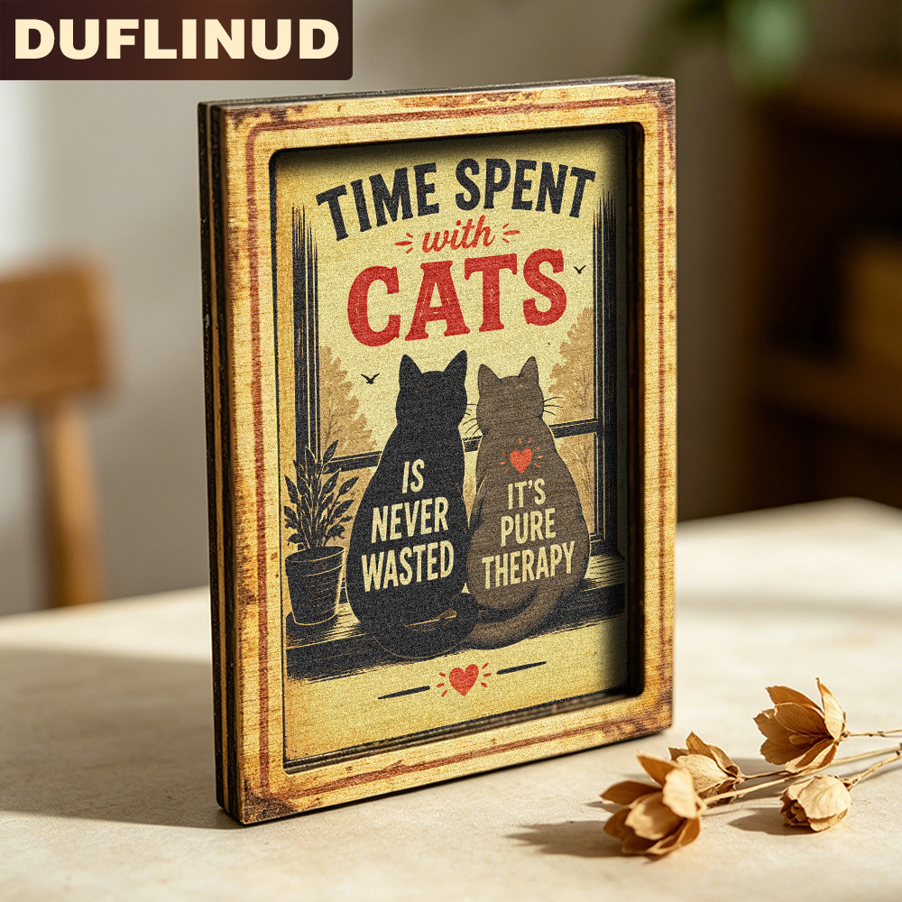 TEMU Cat Fridge Magnet, Mini Decorative Card With Retro Illustration Style, 2 Cats By The Window Design, Wooden Fridge Sticker, Warm Kitchen Decor,