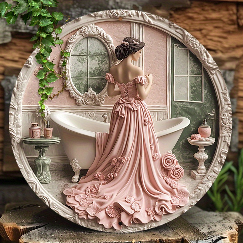 

1pc Vintage Victorian Lady Aluminum Wall Art, 2d Flat Printed Round Sign, Multipurpose Home Kitchen Garage Decor, No Electricity Needed, Easy Wall Hanging