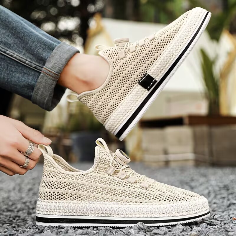 Men's Casual Shoes, Straw Woven Rotating Buckle Fisherman Shoes, Large Mesh Hollow-Out Skate Shoes, Breathable Slip-On Loafers for Men