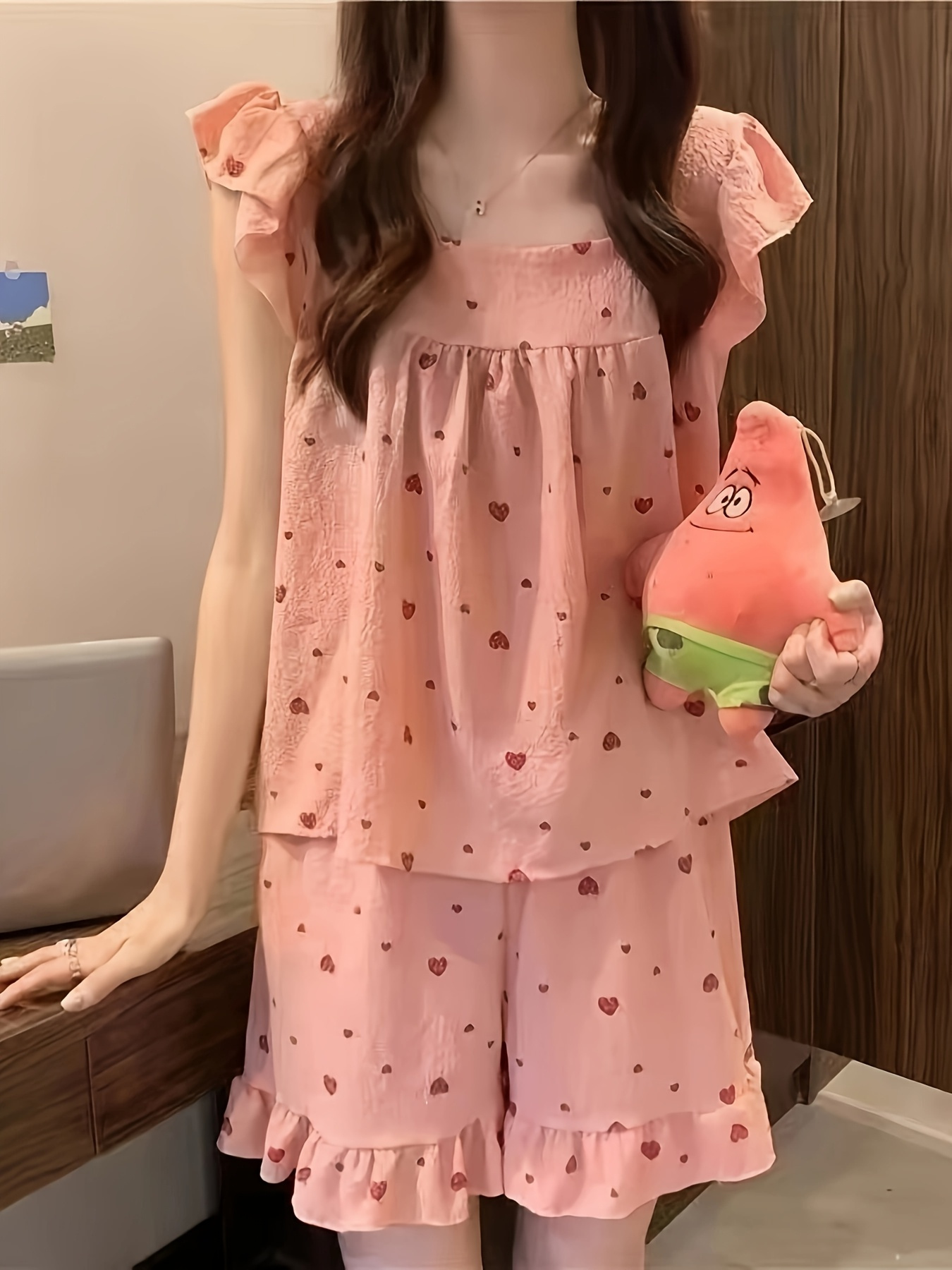 새로운 핑크 하트 하트 파자마 여름용 하이킹 카툰 달콤한 버섯 리플 ins 기숙사 귀여운 두 조각의 라운지웨 - Temu  Republic of Korea