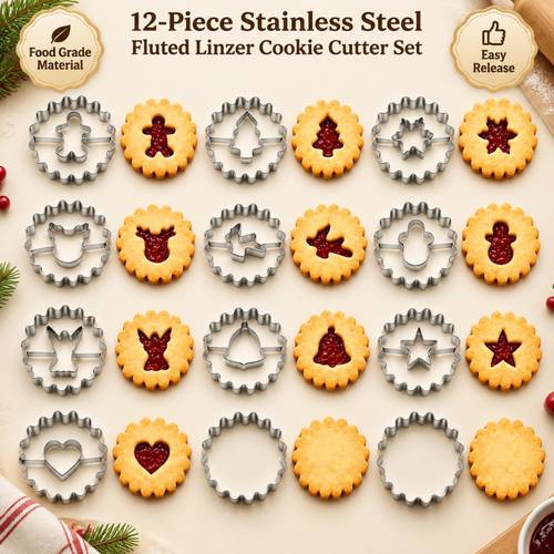 item picture 12pcs stainless steel lace sandwich cookie cutter set christmas cookie mold set of 12pcs jam cookie molds suitable for biscuits fondant christmas decoration molds christmas decoration tools holiday winter baking essential cookie molds