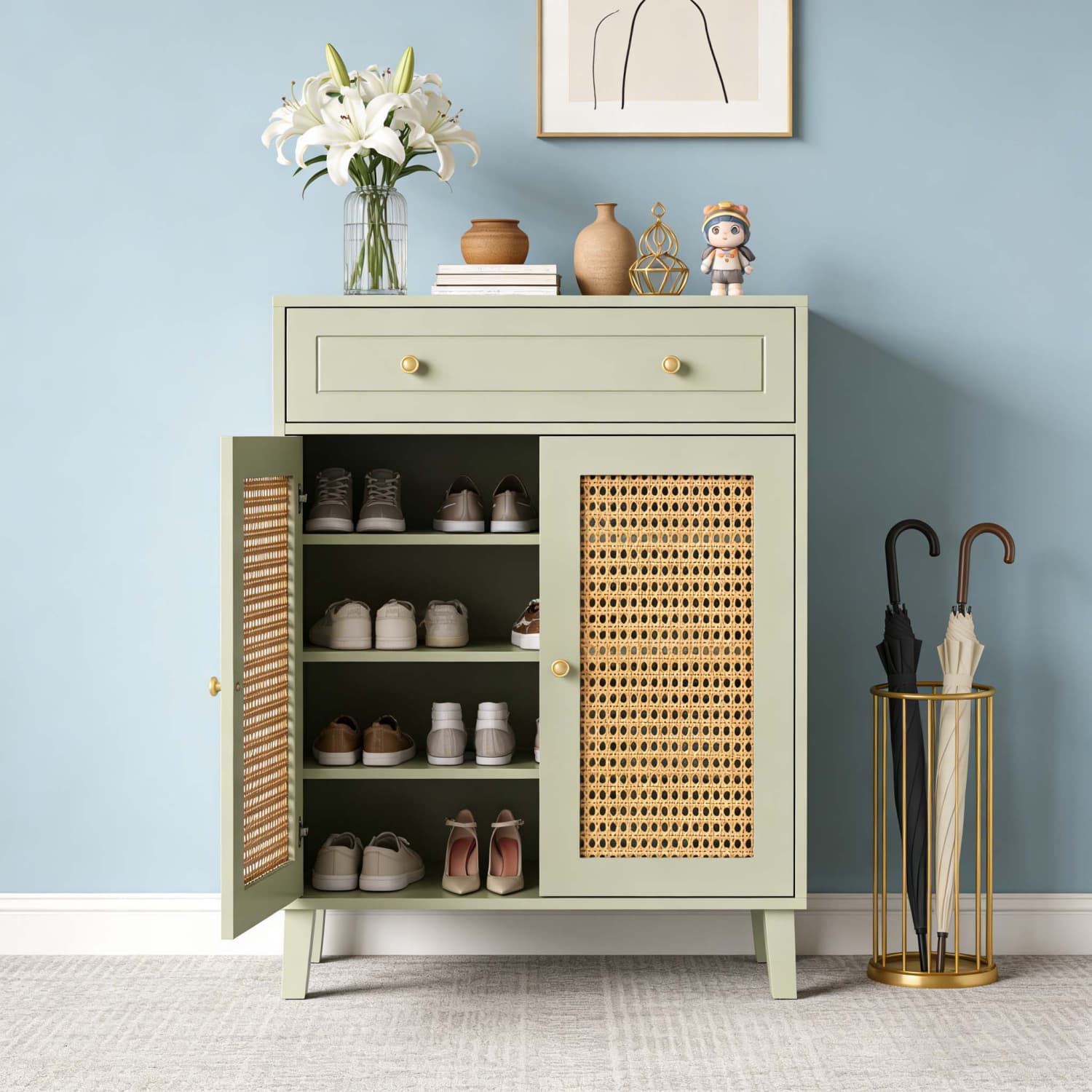 Image of Modern Mint Shoe Cabinet With Doors & Drawer - Adjustable Shelf Freestanding -standing Shoe Storage Organizer Suitable For Entryway, Hallway, Living Room, Wood With Panel Doors And Door Storage