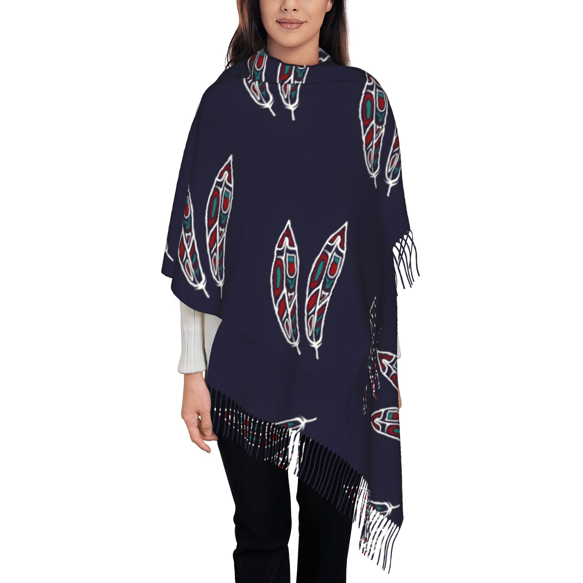 TEMU Écharpe unisexe d'automne et d'hiver avec un motif tribal de tatouage de plume et des pompons