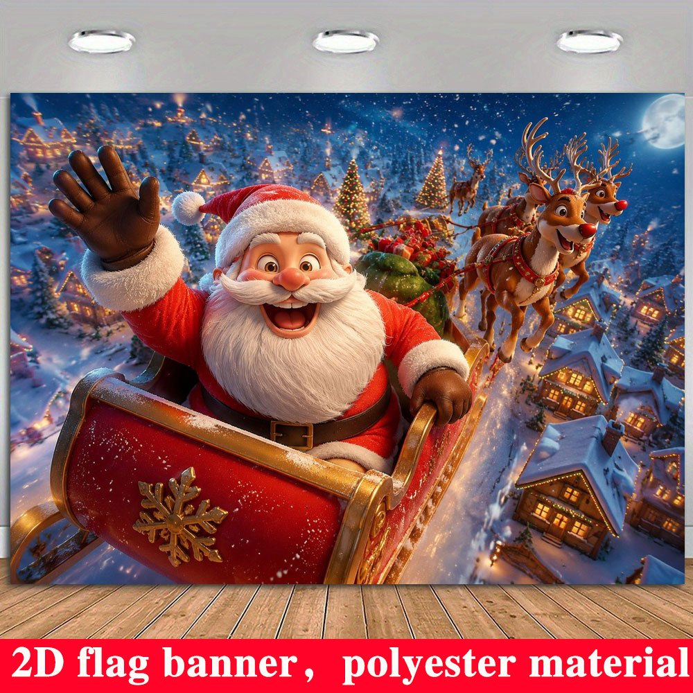 2d flat 1pc   sleigh banner backdrop suitable for christmas new year party decorations with santa   gifts over snowy town scene indoor outdoor decoration for photo backgrounds no power required 2d flat