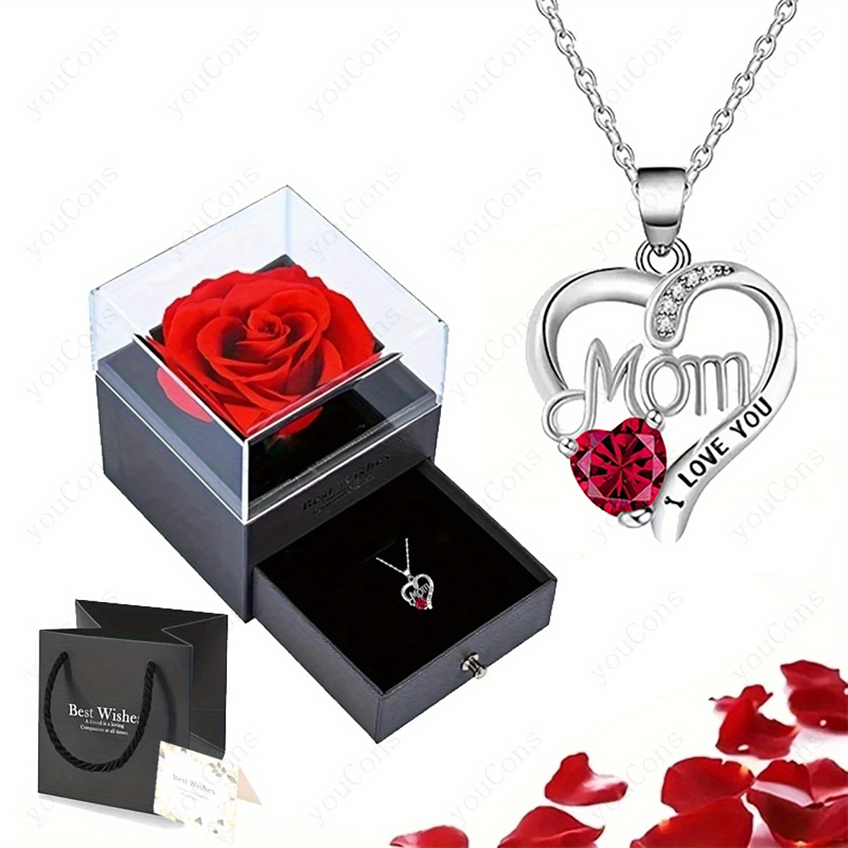 Image of Synthetic Synthetic Zirconia "mom" Heart-shaped Pendant Necklace, With A Large Red Rose Gift Box, Greeting Card, And 12 Colors Corresponding To 12 Months. With Birthstone-like Unique Meanings