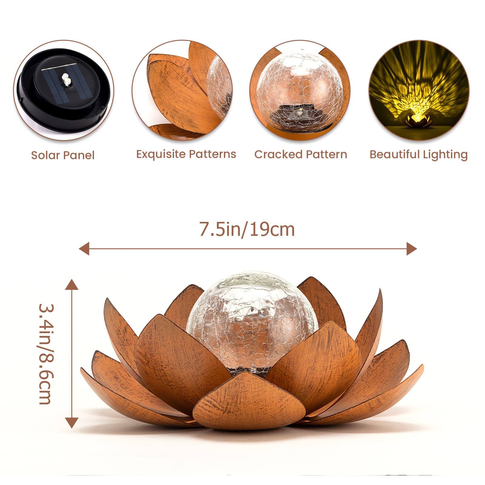 TEMU 2pcs Set Outdoor Garden Decor Solar For Lotus Lights, Distressed Rust-finish Solar Lamps With Cracked Glass Globes, Led Ground Lights,