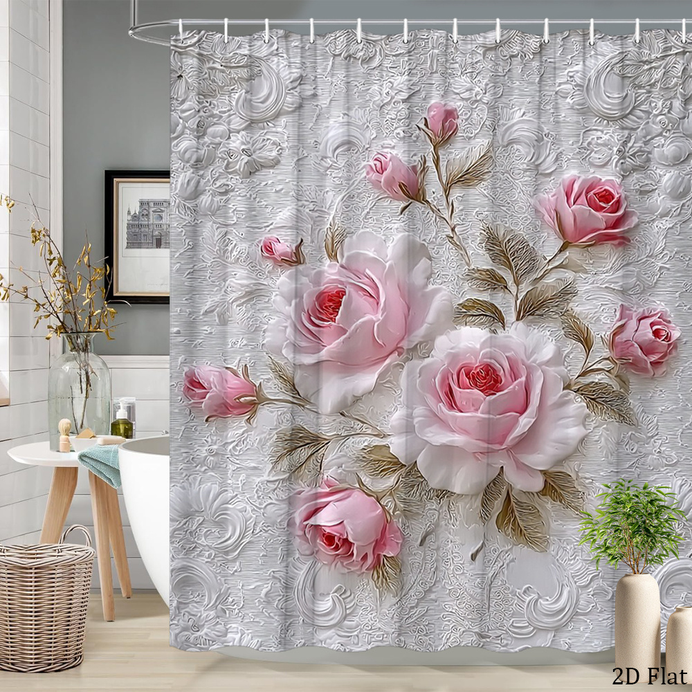 TEMU 2d Flat, 2d Flat, 1pc A Stylish 2d Flat Floral Shower Curtain Featuring A , Made From Polyester Fabric, Measuring By Inches, Includes 12 Hooks,