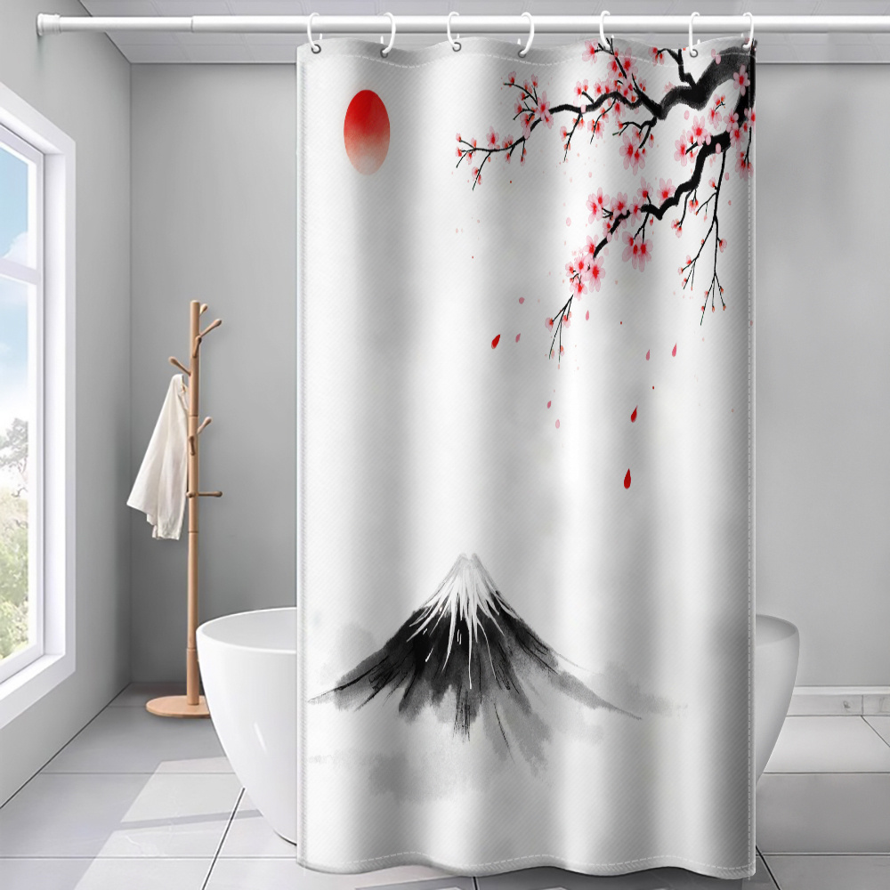 TEMU 1pc Japanese Ink Wash Plum Red Sun Printed Shower Curtain, Minimalist Bathroom Home Decor With Plastic Hooks, Suitable For Family And Hotel Use,