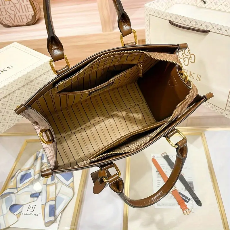 2025 new womens tote bag large capacity beige microfiber with hardware multiple compartments adjustable shoulder strap zipper closure for commuting work casual versatile carryall hardware Product details 7