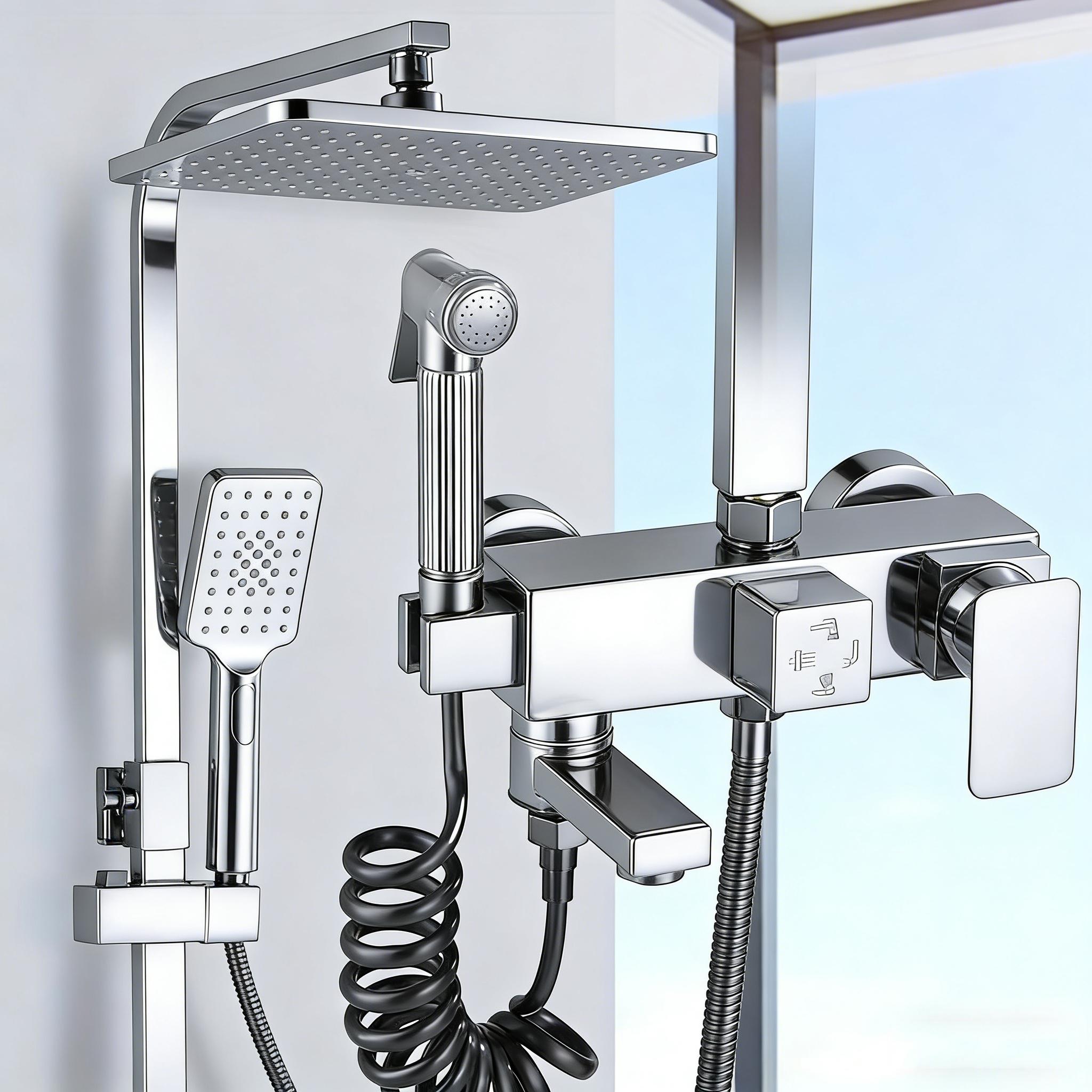 Shower System, Wall Mounted 19x29 Shower Head With Shelf, 4-function Overhead Rain Shower System, Chrome Shower Faucet Sets With Adjustable Slide Bar And Shower Valve