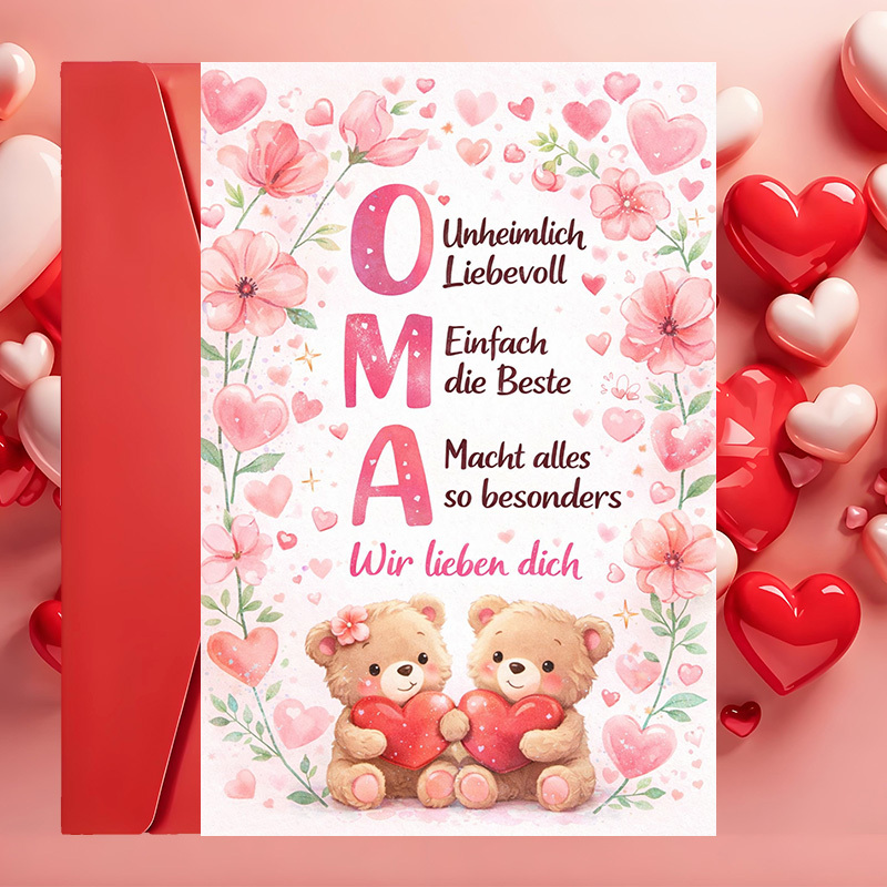 E-shop 1 Grußkarte + 1 Umschlag – Niedliche Oma-Grußkarte mit süßen Teddybären Herzen – , um Liebe Wertschätzung an Geburtstagen, Feiertagen oder