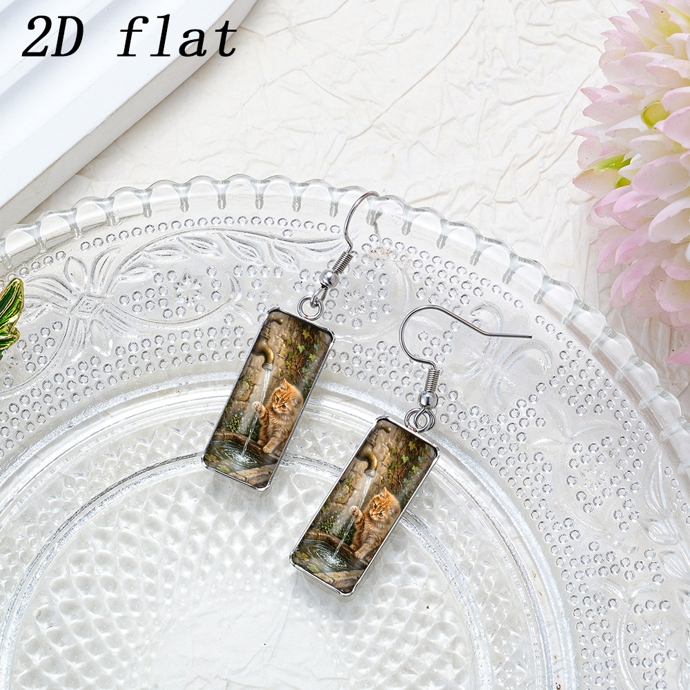 Orange Cat Water Fountain Pattern Rectangular Earrings