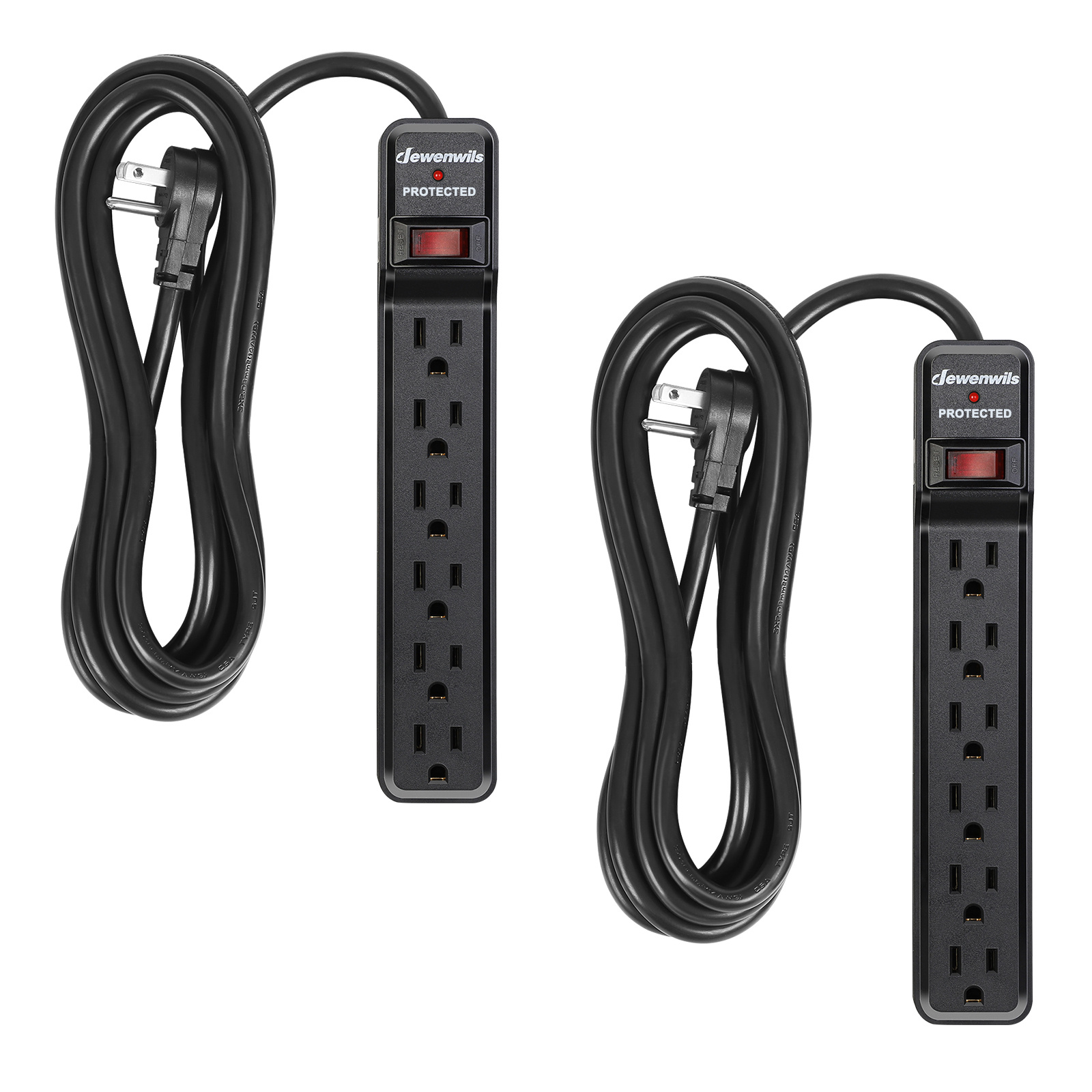 TEMU Dewenwils Black 2pcs 6-outlet Protector , 10ft Extension Cord Indoor, 15 Amp Circuit Breaker, 560 , Wall Mount, Flug Plug Power Strip, Protected