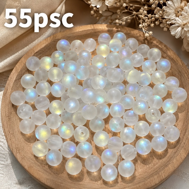 TEMU Lot de 55 perles irrégulières rondes blanches givrées irisées de 8 mm, finition brumeuse mate avec perles polarisées irisées à trou traversant