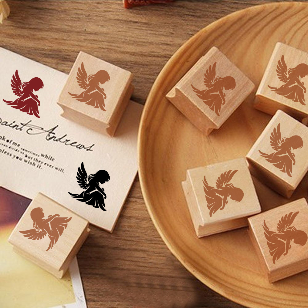 Delicate Melancholy Angel Square Wooden Rubber Stamp
