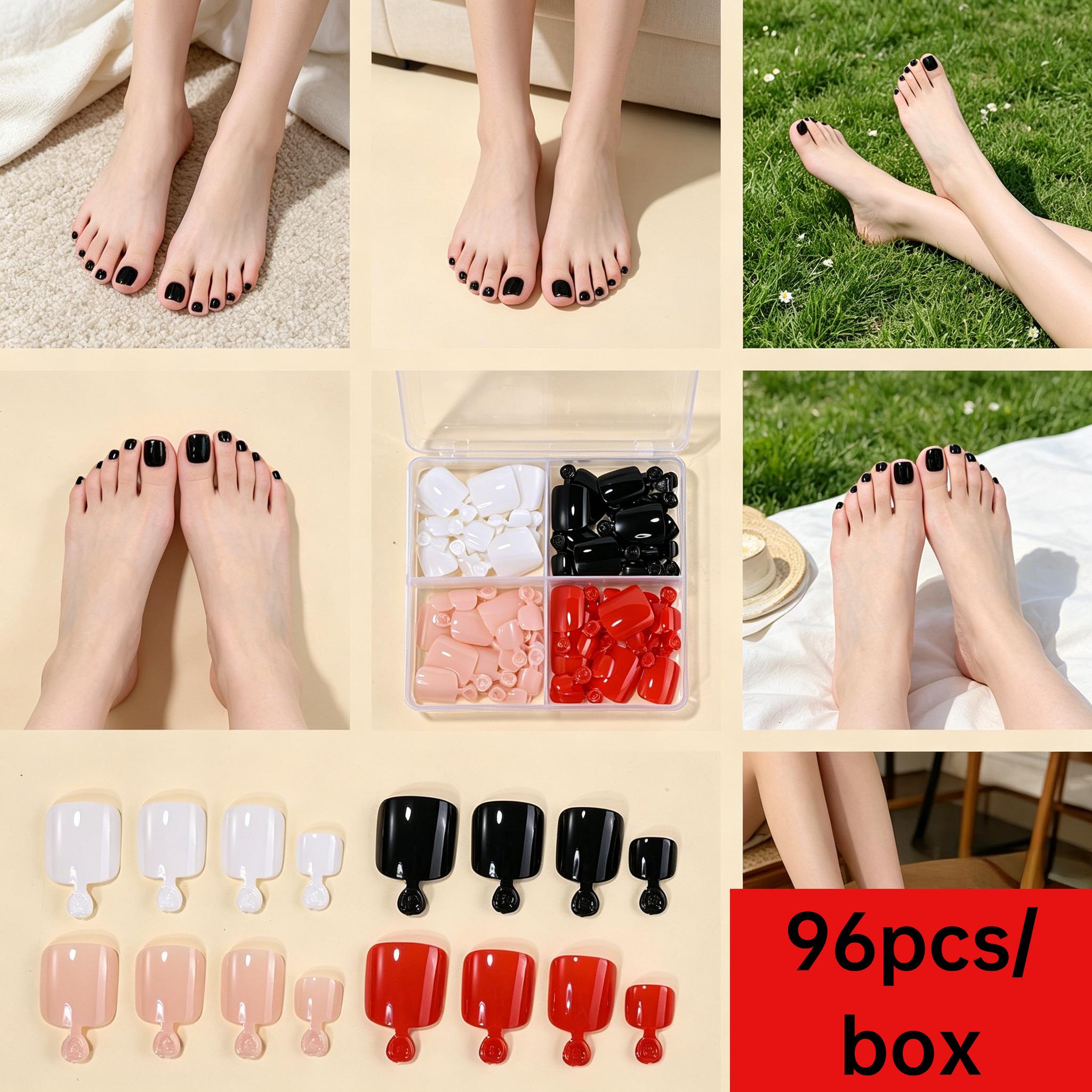 TEMU 96pcs Full Coverage Press-on Toenails Suitable For Summer & Party Manicure, 4 Solid Colors (red//nude Pink) Short Square Fake Nails With Storage
