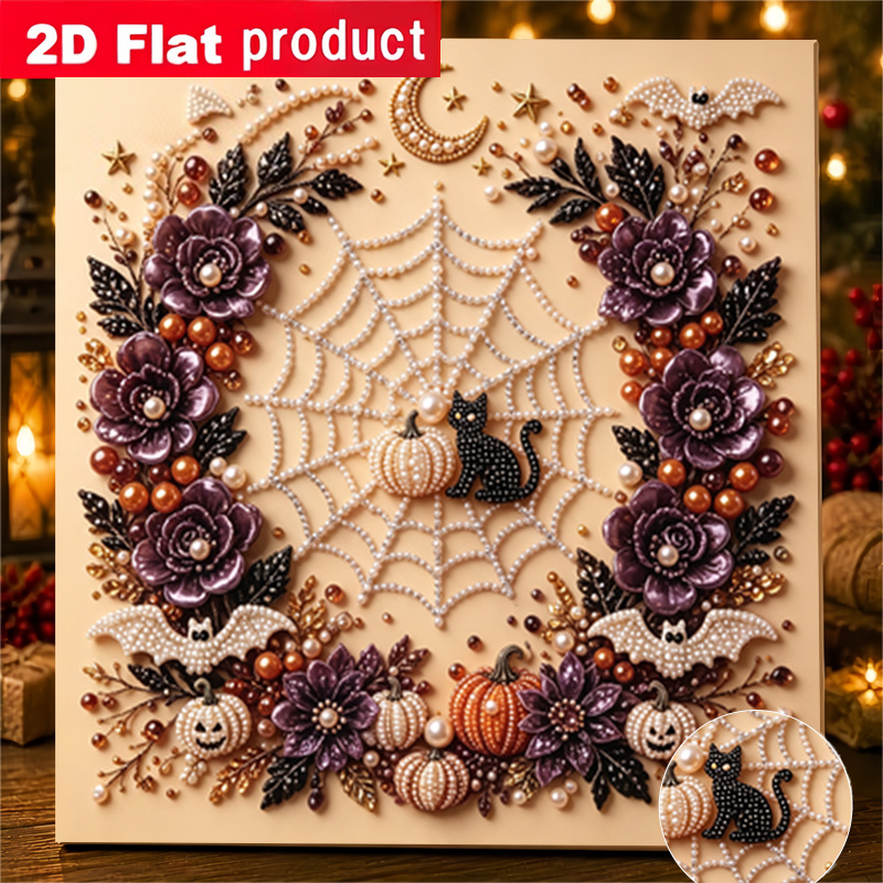TEMU 2d/flat Printing Diamond Painting Featuring Dark Halloween Web Black Cat Pumpkin Handmade Glue Diamond Creative Diamond Painting Kit With Tools