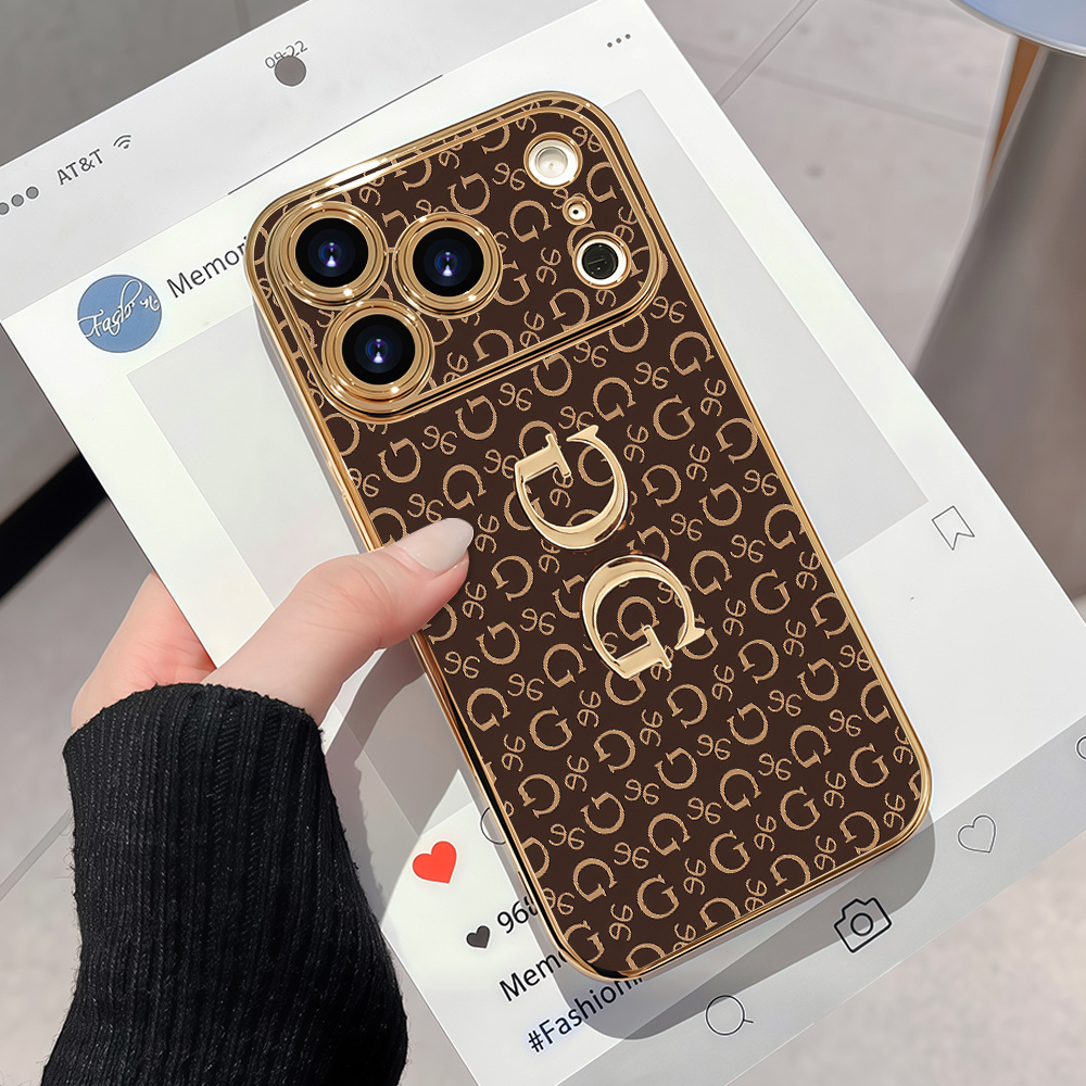 TEMU Phone Case - 2d Flat - Vintage Style Electroplated Phone Case With Decorative Brown Pattern And And Interlocking 'gg' Logo, Suitable For Iphone