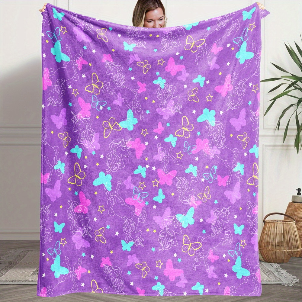 TEMU A Fluffy Blanket Featuring Whimsical Animals, A Purple Print On A White Throw Blanket, A Blanket In White, A Throw For The Sofa, A Blanket,