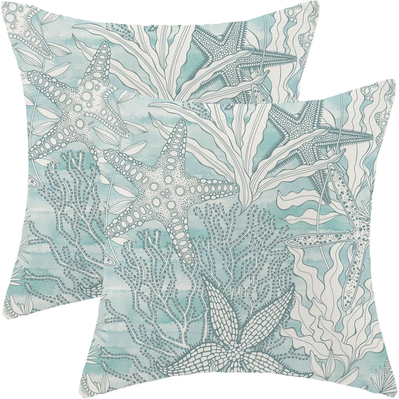 

2pcs & Coastal Themed Throw Pillow Covers, 18x18 Inches - Coral & Starfish Design, Accents For Sofa And Outdoor Decor, Machine Washable With Zipper Closure