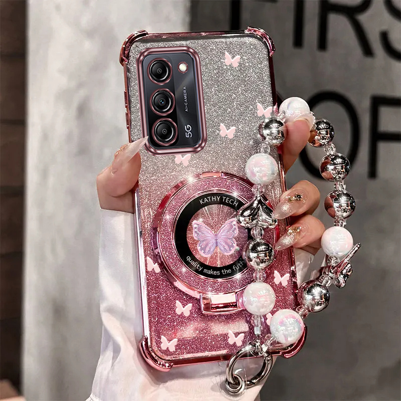 E-shop Handyhülle: Luxus Schmetterling Perlen Handgelenkband Magnetischer Glitzer Handyhalter Hülle für Galaxy A55 GalaxyA55 5G Stoßfest Schockfest