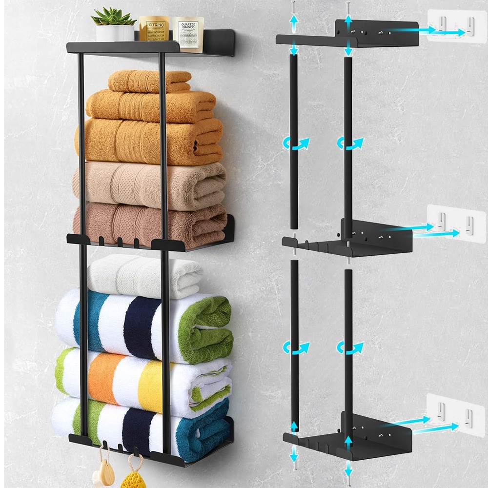 Image of Wall-mounted Towel Rack, 3-tier Bathroom Towel Shelf With Hooks, Space-saving Towel Holder For Bathrooms, Hotels, Spa Rooms, Towel Racks