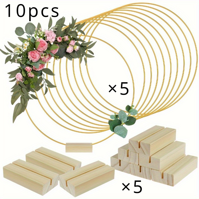 

10-pack Golden Metallic Garland Centerpieces With Wooden Stand - Diy Circle Rings For Wedding, Party, And Birthday Decorations, Manufactured Wood, No Electricity Needed