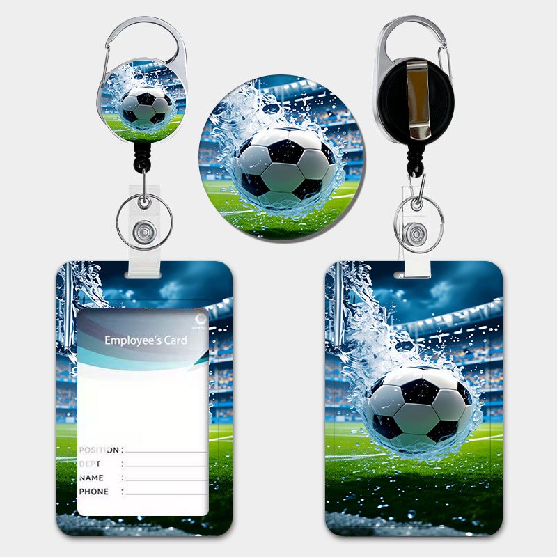 TEMU Classic Soccer Pattern, Splashing Dynamic Design, Personalized Card Holder With Retractable Lanyard And Key Ring, Durable Plastic Card Holder