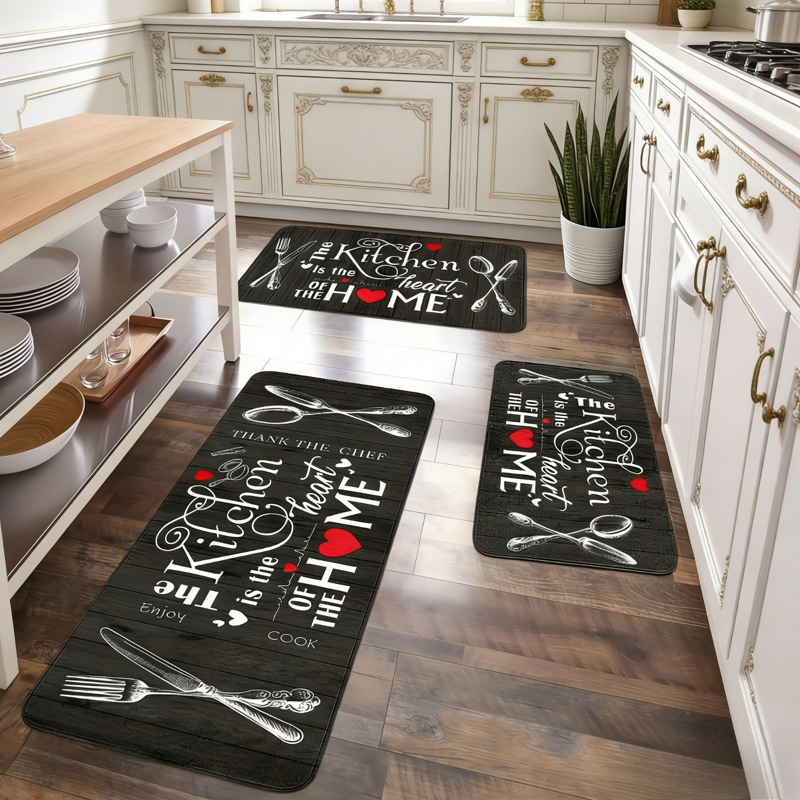 TEMU 3pcs Modern Kitchen Set Mat, Black Farmhouse Decoration Pattern, Kitchen Mat, Soft And Comfortable, Used For Bedroom, Living Room, Dining Room,