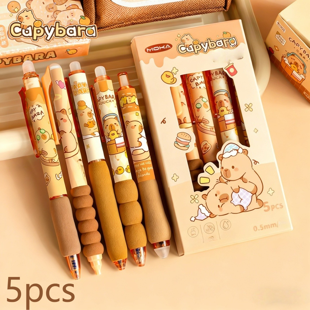 E-shop 5-teiliges Capybara-Set mit einziehbaren, radierbaren Gelstiften – Stilvolles Schreibgerät mit weichem Griff & Thermotinte (Blau). Ideal für