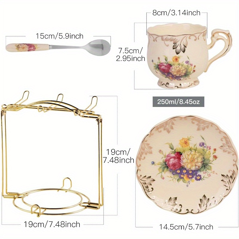 flowering shrubs tea cups and saucers set of 6 ivory ceramic floral tea cups set with golden rack coffee cups 8oz, cups for tea, porcelain tea cup, teacup, tea sets, elegant tableware, tea party supplies, vintage tea ware, decorative teacups,   cups,   porcelain,  , home   Product details 5