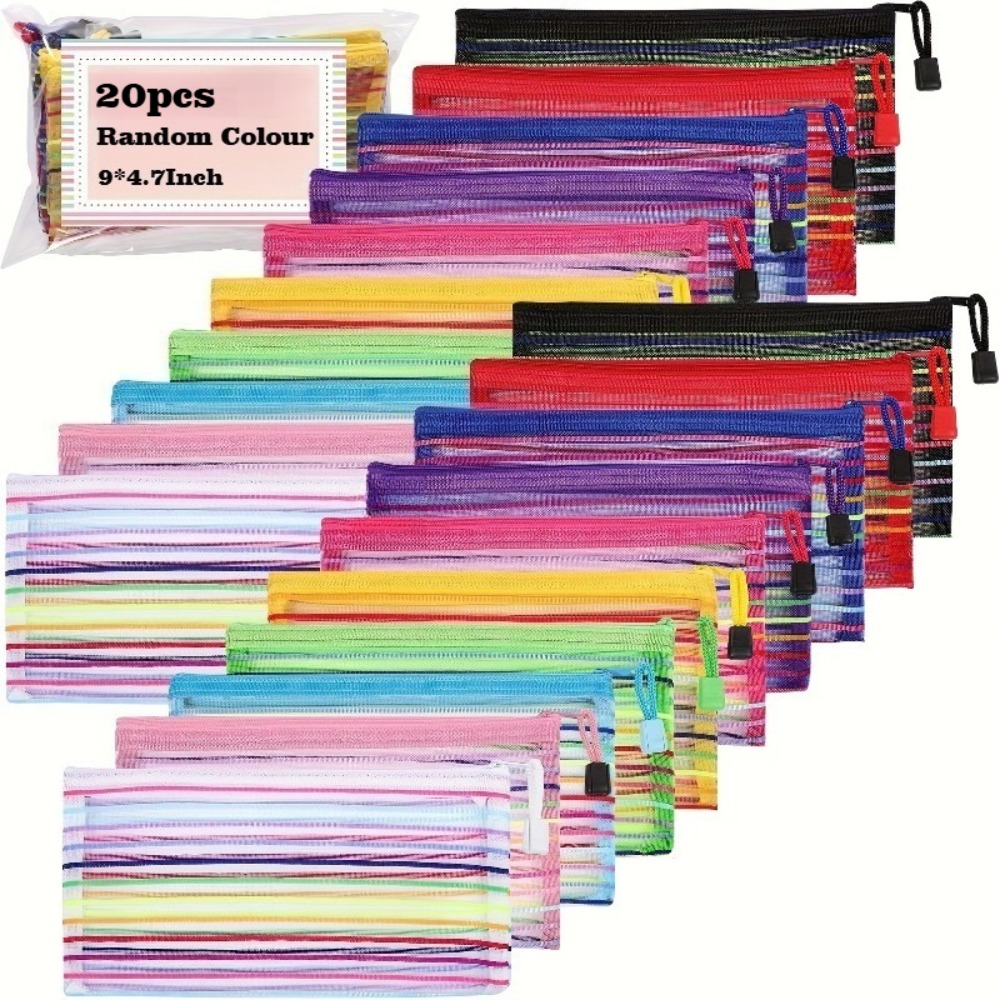 TEMU Random 20pcs Colors Nylon Mesh Zipper Pouches, Size 9 X 4.7 Inches, Transparent Storage Bags, Multi-functional Organizer Bags, Suitable For