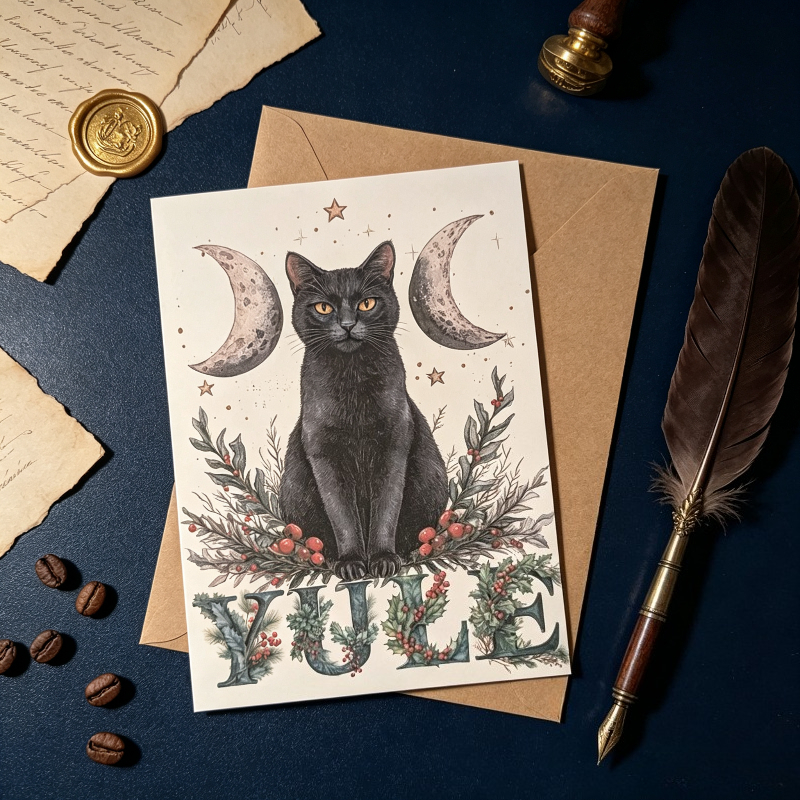 TEMU Black Cat Yule Holiday Greeting Card, Black Cat With Crescent And Winter Foliage, -themed Gifting