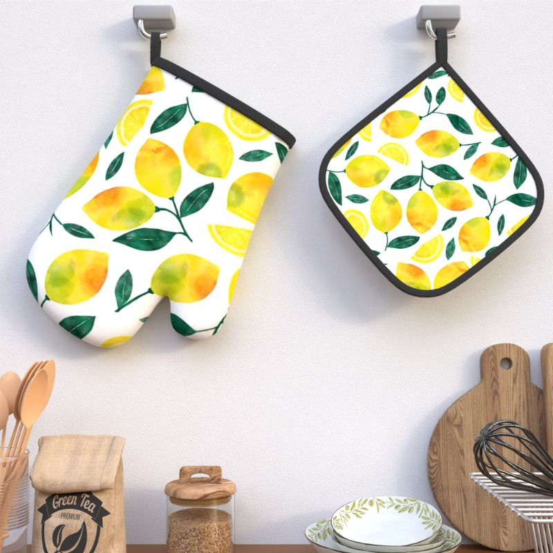 

2pcs Lemon Pattern Oven Mitt Set, 10.6*6.7 Inch, Heat Resistant Polyester Pot Holders For Cooking, Baking, Grilling, Broiling, Microwave Safe, Machine Washable Kitchen Decor