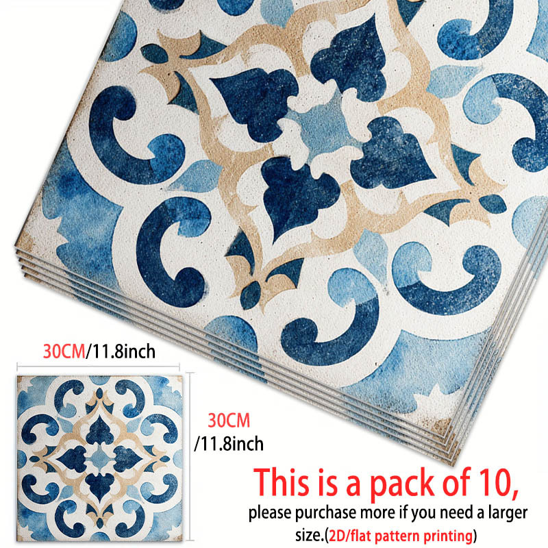TEMU 10-sheet Pack Self-adhesive Vinyl Floor Tiles, Suitable For Kitchen, Bathroom, Balcony, Living Room Flooring - Traditional Blue Brick Pattern