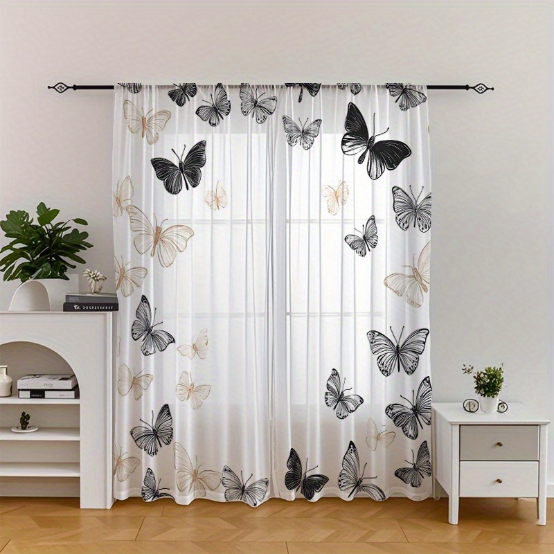 TEMU 2pcs Dance Black And Curtain Panels - Elegant Modern Minimalist Sheer Drapes With Rod Pocket, Semi-sheer Filtering Light Privacy Window