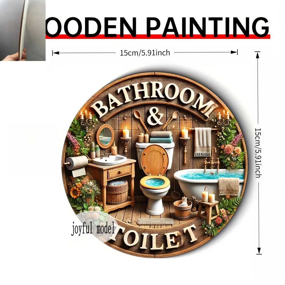 TEMU 2d Flat, 2d Plane - Vintage-style 2d Wooden Round Wall Decoration Single Piece, Featuring Toilet, Bathtub, Toilet Paper, And Floral Patterns.