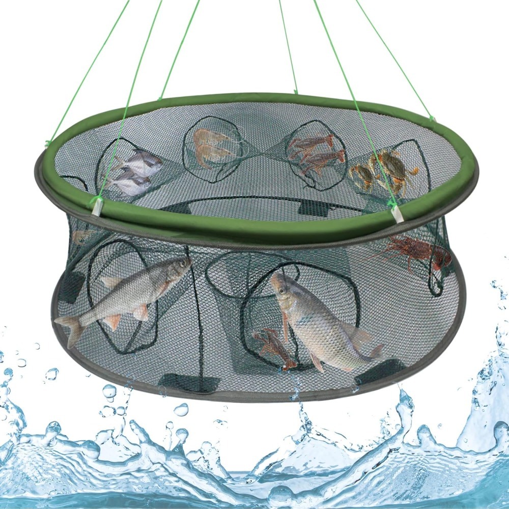 Image of 1 Set 7-hole 70cm Nylon Folding Shrimp Net Fishing Trap For Eels, Loaches, Crabs With Drawstring Bag Random Color