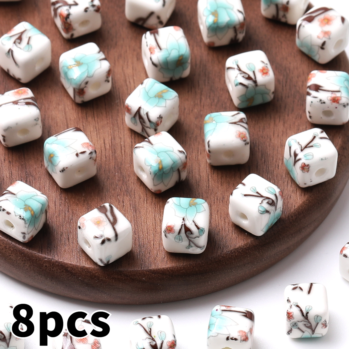 8pcs/16pcs Cube Printed Flowers Glazed Square Ceramic Beads for DIY Jewellery