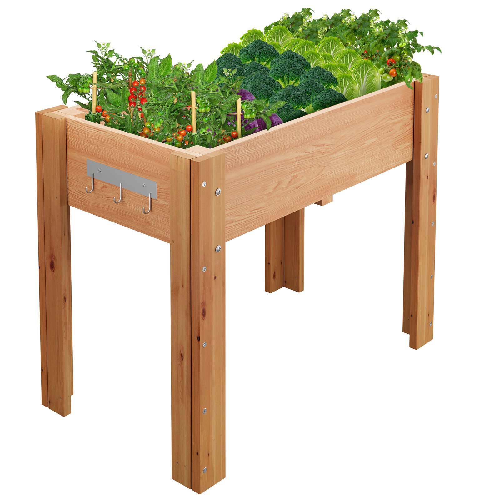 Elevated Wooden Garden Planter 86x46x76cm - Sturdy Fir Grow Box With Drainage System, Fabric Liner & Tool Storage Hooks For Patio Vegetable Growing, Outdoor Flower & Cultivation