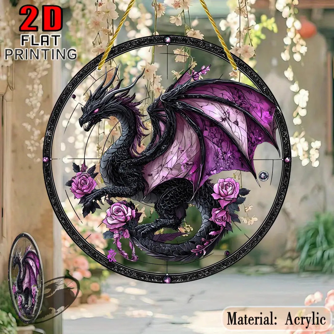TEMU 2d Flat, 1pc Gothic Dragon & Rose Suncatcher Wall Decor - Purple Dragon Suitable For Home, Office, Garden Decoration, Retro Acrylic Panel Art