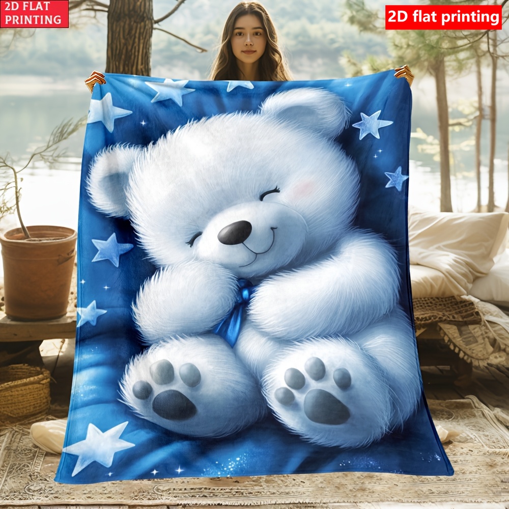 TEMU 1pc 2d Printed Teddy Blanket With - Flannel Blanket, Suitable For Sofa, Outdoor Use, Camping, Living Room, Office, Chairs, And Beds - Features