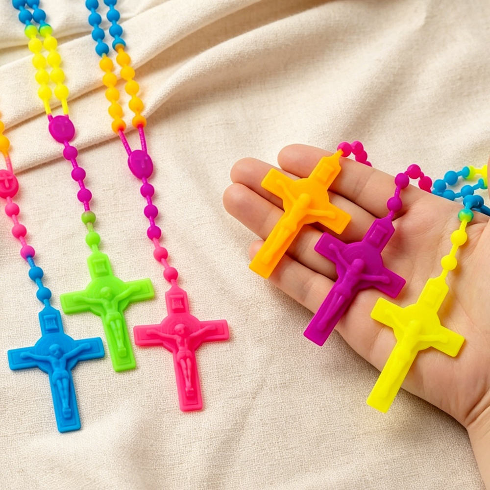 6pcs Set Rosary Beaded Cross Pendant Necklace, Holiday Gift