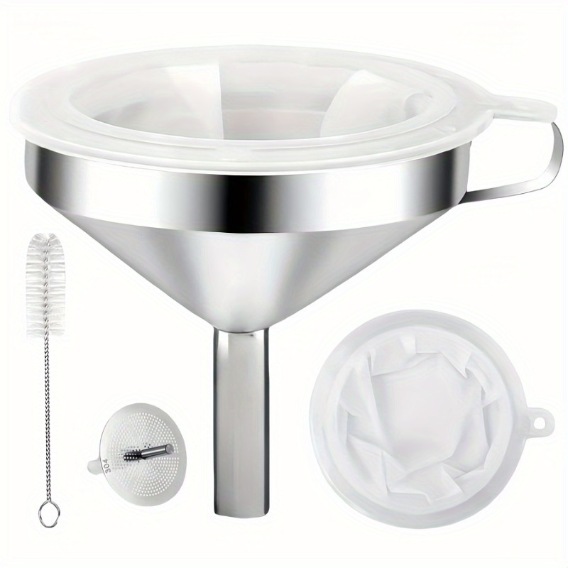 TEMU Stainless Steel Kitchen Funnel Set With Strainers And Cleaning Brush Detachable Strainer And Mesh Filter, Oil, Grease, Juice, Milk Dishwasher Safe, Handle